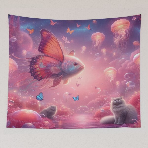 Item preview, Surreal underwater world with butterfly fish, glowing jellyfish, and two dreaming cats on coral. designed and sold by FotoworldEdel.
