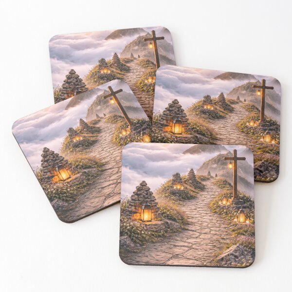 Item preview, Mystical Mountain Sunset Path with Cross - Spiritual Fog Landscape designed and sold by NAJURE.