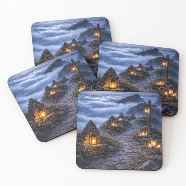 Item preview, Moonlit Mountain Path with Cross - Mystical Night Spiritual Landscape Full Moon designed and sold by NAJURE.