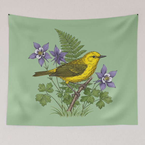 Item preview, Vintage Yellow Warbler Woodland Ferns designed and sold by BirdsnStuff.