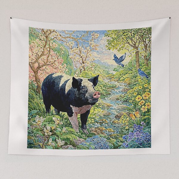 Item preview, Art Deco Watercolor Hampshire Pig in English Countryside designed and sold by Helios Be. Lavsh.