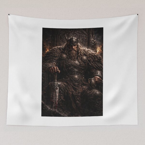 Item preview, Viking King on Throne – Norse Mythology Dark Fantasy Portrait designed and sold by Zen-pattenrs.
