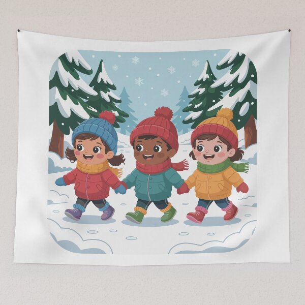 Item preview, It's snowing and children are walking in the forest designed and sold by desinganddecor.