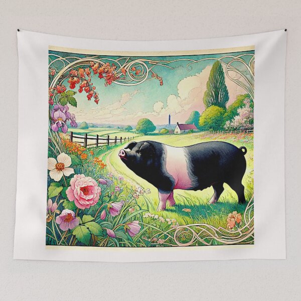Item preview, Art Noveau Watercolor Hampshire Pig in English Countryside #4 designed and sold by Helios Be. Lavsh.