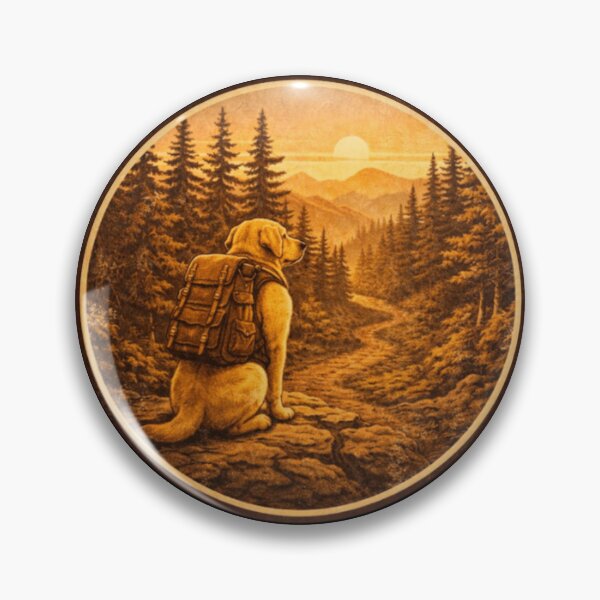Item preview, Hiking Labrador Trail Badge – Mountain Forest Sunset designed and sold by PawPrintCustom.
