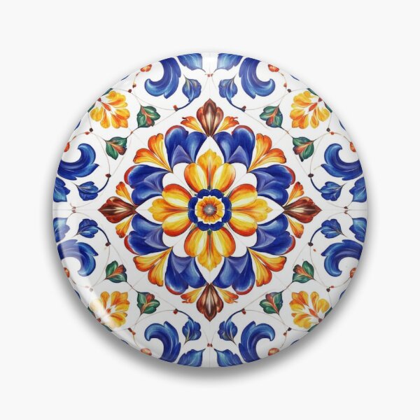 Item preview, Mediterranean Blue Orange Floral Tile Pattern designed and sold by DreamPixAtelier.