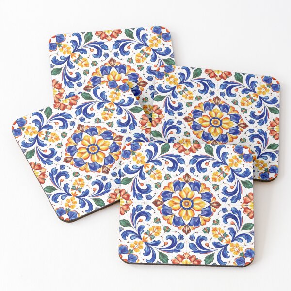 Item preview, Mediterranean Blue Orange Floral Tile Pattern designed and sold by DreamPixAtelier.