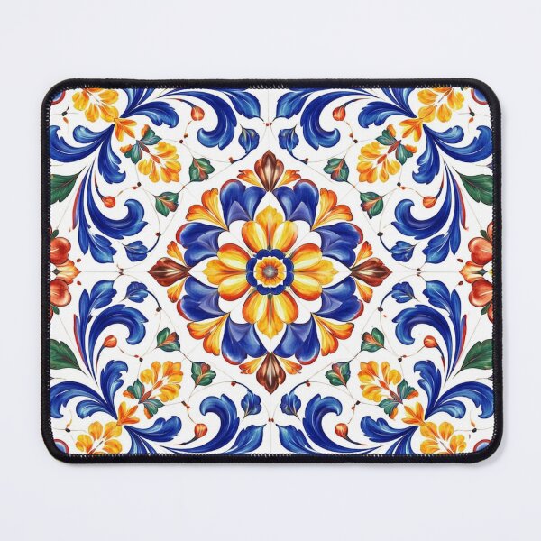 Item preview, Mediterranean Blue Orange Floral Tile Pattern designed and sold by DreamPixAtelier.