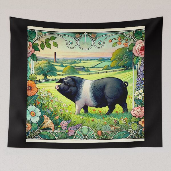 Item preview, Art Noveau Watercolor Hampshire Pig in English Countryside #5 designed and sold by Helios Be. Lavsh.