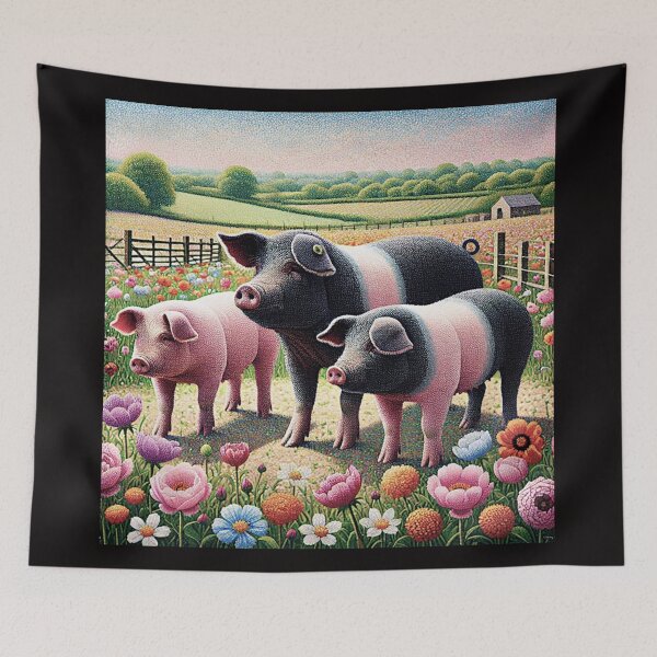Item preview, Pointilistic Watercolor Hampshire Pig in English Countryside #7 designed and sold by Helios Be. Lavsh.