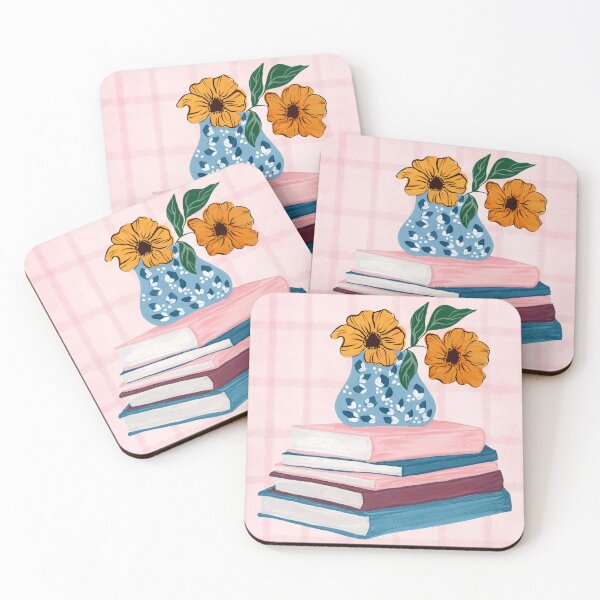 Item preview, Cozy Book Stack and Floral Vase Illustration – Aesthetic Pink Plaid Still Life Art designed and sold by JasmineGDesigns.