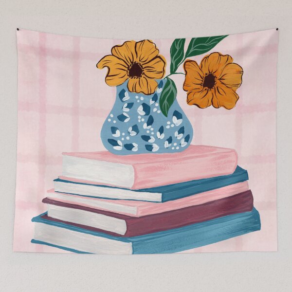 Item preview, Cozy Book Stack and Floral Vase Illustration – Aesthetic Pink Plaid Still Life Art designed and sold by JasmineGDesigns.