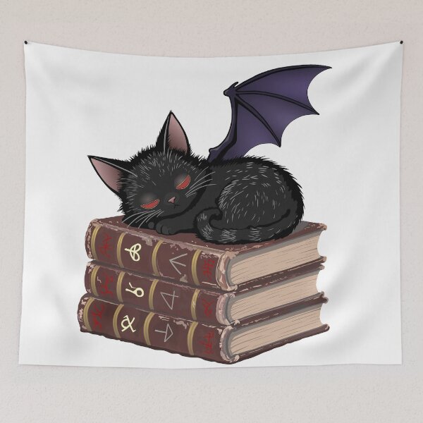 Item preview, Demon Kitten sleeping on stack of Grimoires - for light backgrounds designed and sold by Really Bad Art.