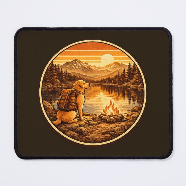 Item preview, Hiking Labrador Campfire Badge – Mountain Lake Sunset designed and sold by PawPrintCustom.