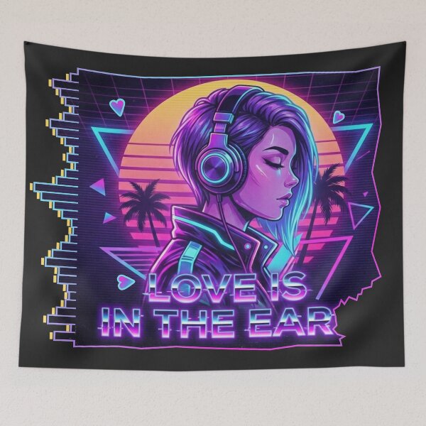 Item preview, Love Is in the Ear – Neon Synthwave Girl with Headphones designed and sold by MerchYouSearch.