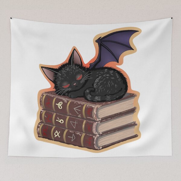 Item preview, Demon Kitten sleeping on stack of Grimoires - for dark backgrounds designed and sold by Really Bad Art.