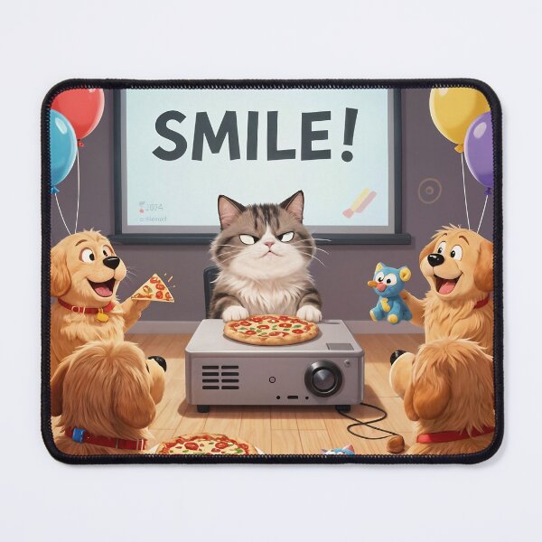 Item preview, A sourpuss surrounded by peppy dogs trying to motivate a smile designed and sold by ShaDeS-AI-Art.