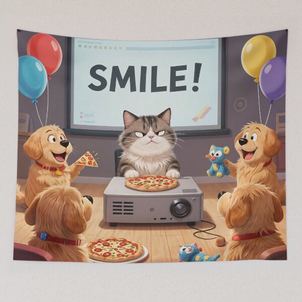Item preview, A sourpuss surrounded by peppy dogs trying to motivate a smile designed and sold by ShaDeS-AI-Art.