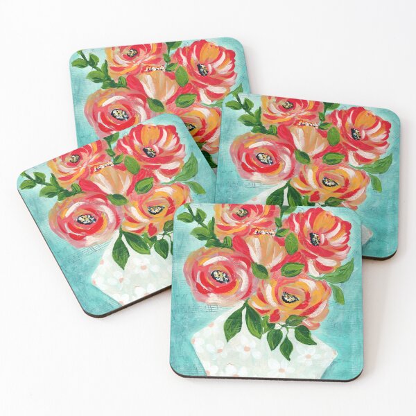 Item preview, Vibrant Red and Orange Floral Painting: Impasto Rose Bouquet in White Vase on Teal Background designed and sold by JasmineGDesigns.