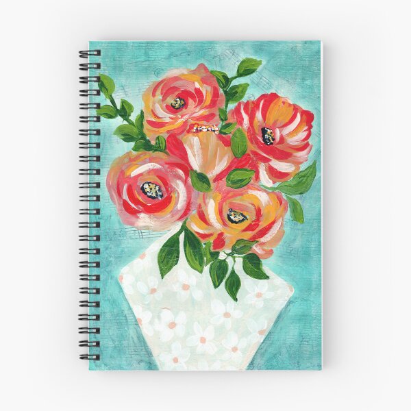 Item preview, Vibrant Red and Orange Floral Painting: Impasto Rose Bouquet in White Vase on Teal Background designed and sold by JasmineGDesigns.