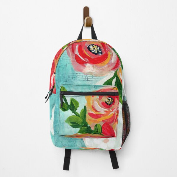 Item preview, Vibrant Red and Orange Floral Painting: Impasto Rose Bouquet in White Vase on Teal Background designed and sold by JasmineGDesigns.