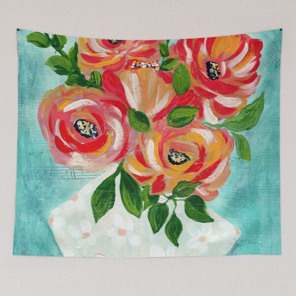 Item preview, Vibrant Red and Orange Floral Painting: Impasto Rose Bouquet in White Vase on Teal Background designed and sold by JasmineGDesigns.