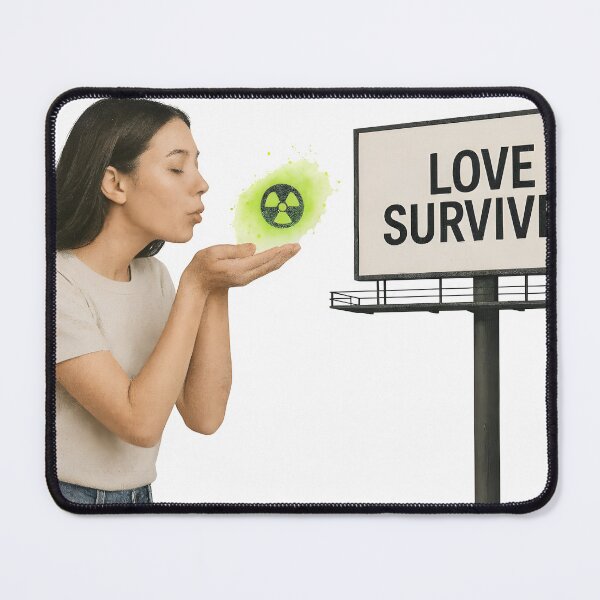 Item preview, Woman holding glowing radioactive symbol near LOVE SURVIVES billboard designed and sold by Creative88Art.