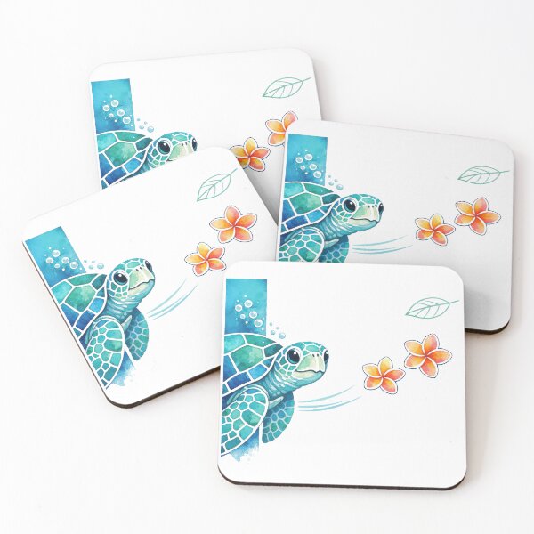 Item preview, Left-Edge Peek Mosaic Sea Turtle in Teal Watercolor with Plumeria designed and sold by zoughlal.