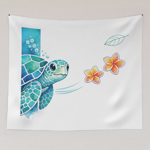 Item preview, Left-Edge Peek Mosaic Sea Turtle in Teal Watercolor with Plumeria designed and sold by zoughlal.