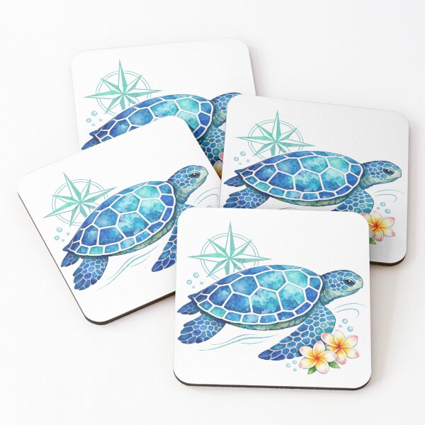 Item preview, Mosaic Sea Turtle with Minimal Compass Accent in Teal Watercolor designed and sold by zoughlal.