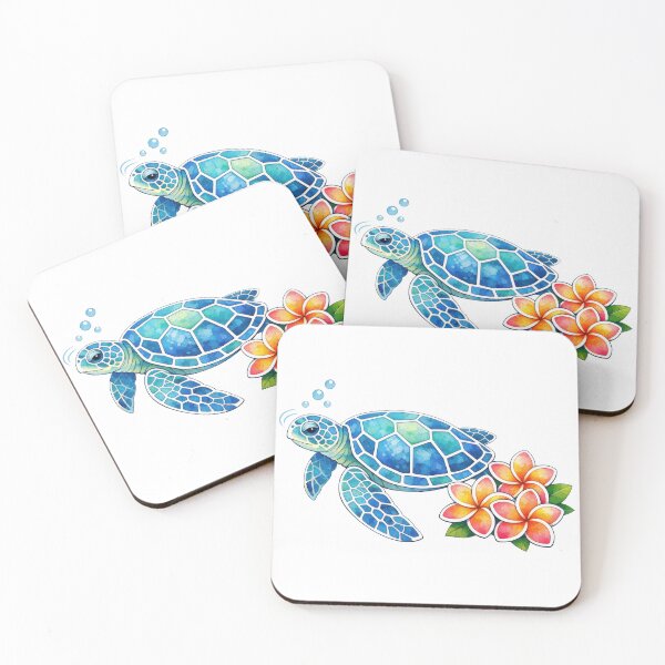 Item preview, Mosaic Sea Turtle with Plumeria Bouquet Accent in Ocean Watercolor designed and sold by zoughlal.