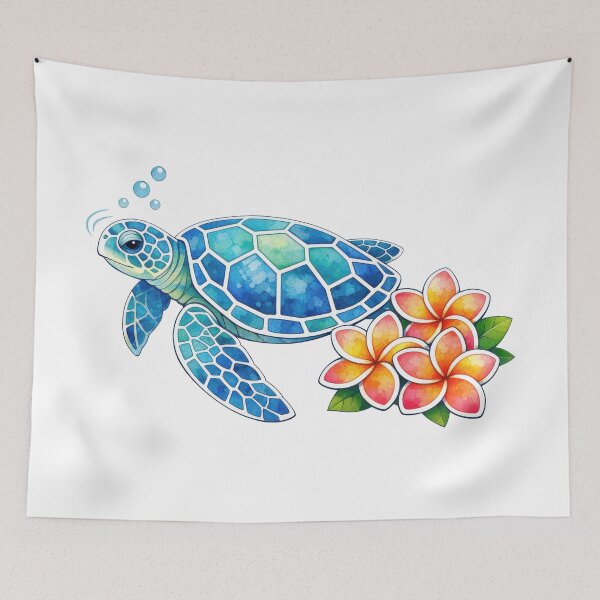 Item preview, Mosaic Sea Turtle with Plumeria Bouquet Accent in Ocean Watercolor designed and sold by zoughlal.
