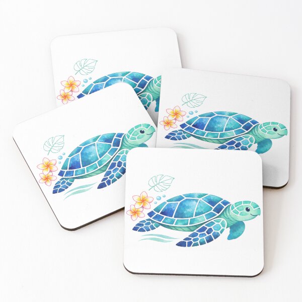 Item preview, Side Profile Mosaic Sea Turtle in Teal Watercolor with Plumeria Trail designed and sold by zoughlal.