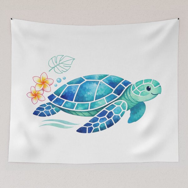 Item preview, Side Profile Mosaic Sea Turtle in Teal Watercolor with Plumeria Trail designed and sold by zoughlal.