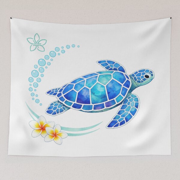 Item preview, Crescent Bubble Chain Mosaic Sea Turtle in Teal Watercolor with Plumeria designed and sold by zoughlal.