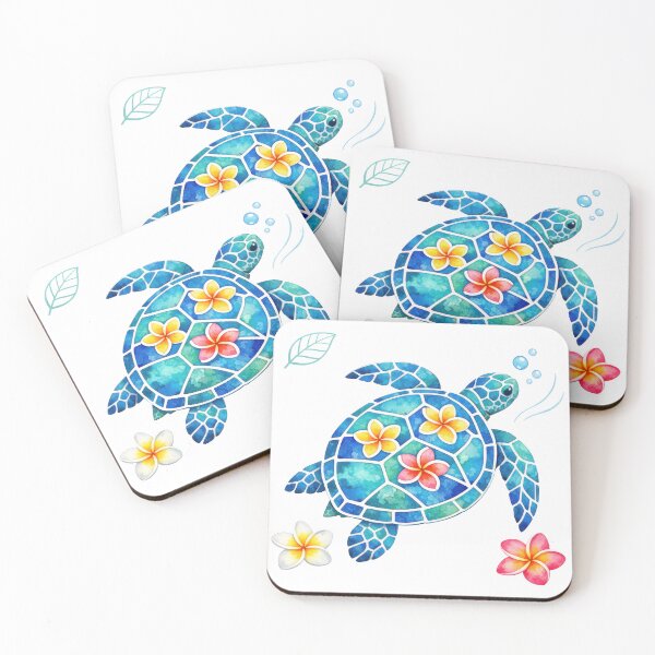 Item preview, Mosaic Sea Turtle with Plumeria Shell Icons in Ocean Watercolor designed and sold by zoughlal.