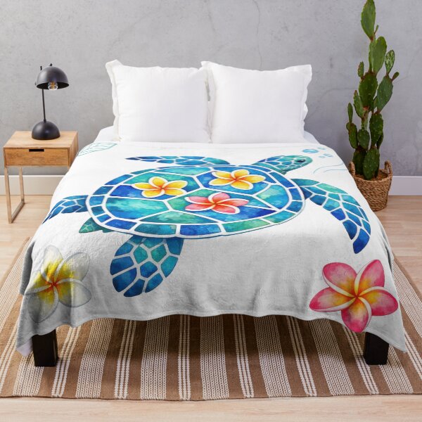 Item preview, Mosaic Sea Turtle with Plumeria Shell Icons in Ocean Watercolor designed and sold by zoughlal.