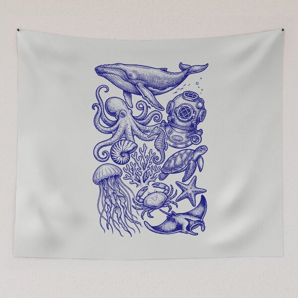 Item preview, Navy Blue Ocean Life - Vintage Blueprint Style designed and sold by DigitalGlade.