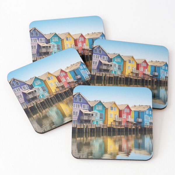 Item preview, Rainbow Waterfront Houses with Wooden Pier designed and sold by anytka.