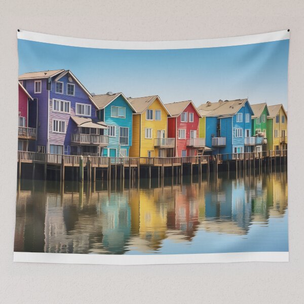Item preview, Rainbow Waterfront Houses with Wooden Pier designed and sold by anytka.