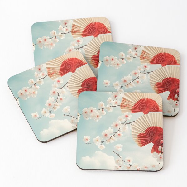Item preview, Traditional Japanese fans with red accents against a backdrop of cherry blossoms and a blue sky during springtime designed and sold by anytka.