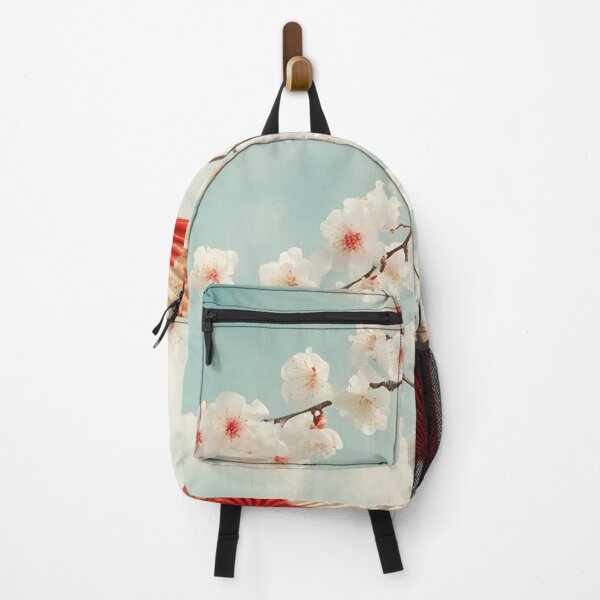 Item preview, Traditional Japanese fans with red accents against a backdrop of cherry blossoms and a blue sky during springtime designed and sold by anytka.