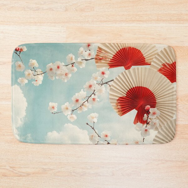 Item preview, Traditional Japanese fans with red accents against a backdrop of cherry blossoms and a blue sky during springtime designed and sold by anytka.