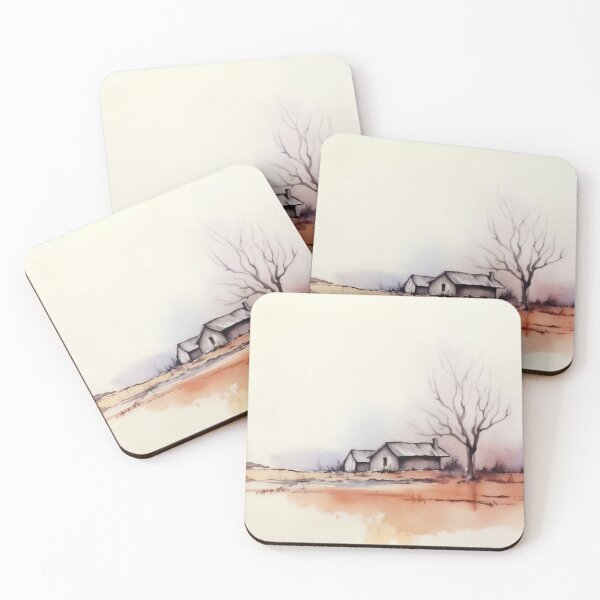 Item preview, A tranquil countryside landscape featuring a rustic farmhouse beside a bare tree and gentle hills during a serene dusk designed and sold by anytka.
