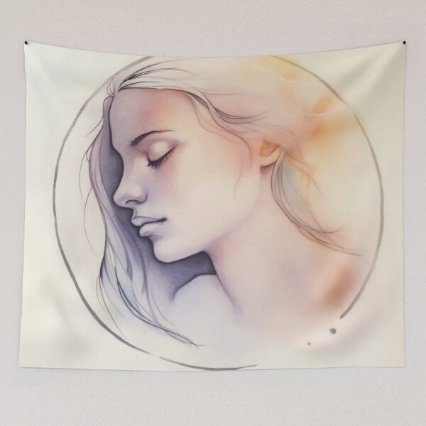 Item preview, Elegant side profile of a woman with long hair in a soft pastel drawing featuring subtle colors and gentle outlines designed and sold by anytka.