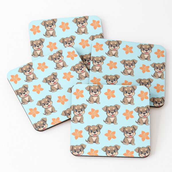 Item preview, Patrón de Perrito Cute Marrón con Flores Naranjas sobre Fondo Azul designed and sold by lunadesignsmoon.