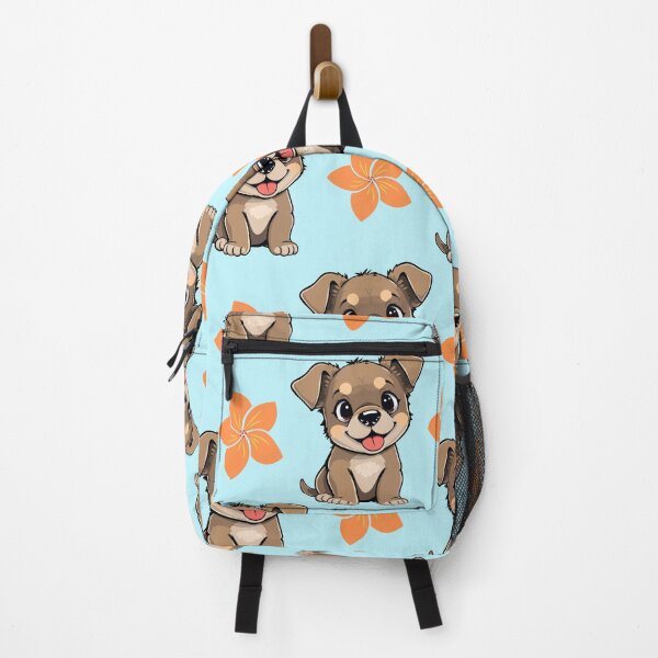 Item preview, Cute Brown Puppy Pattern with Orange Flowers on Blue Background designed and sold by lunadesignsmoon.