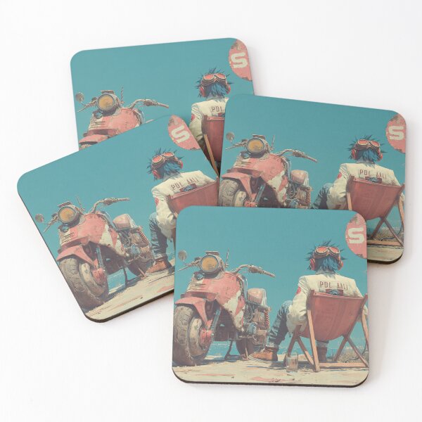 Item preview, Retro Sci-Fi Beach Biker Scene | Blue Hair Character & Red Motorcycle Art designed and sold by MetroEnvision.