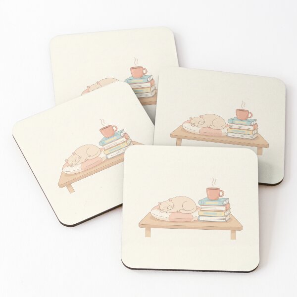 Item preview, Cat resting, tower of books and steaming cup. designed and sold by CozyPaws Studio.