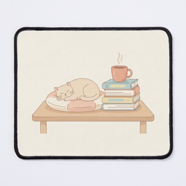 Item preview, Cat resting, tower of books and steaming cup. designed and sold by CozyPaws Studio.